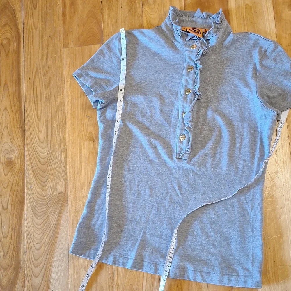 Tory Burch Lidia Ruffle Polo Tee GRAY Size Small - Picture 11 of 11
